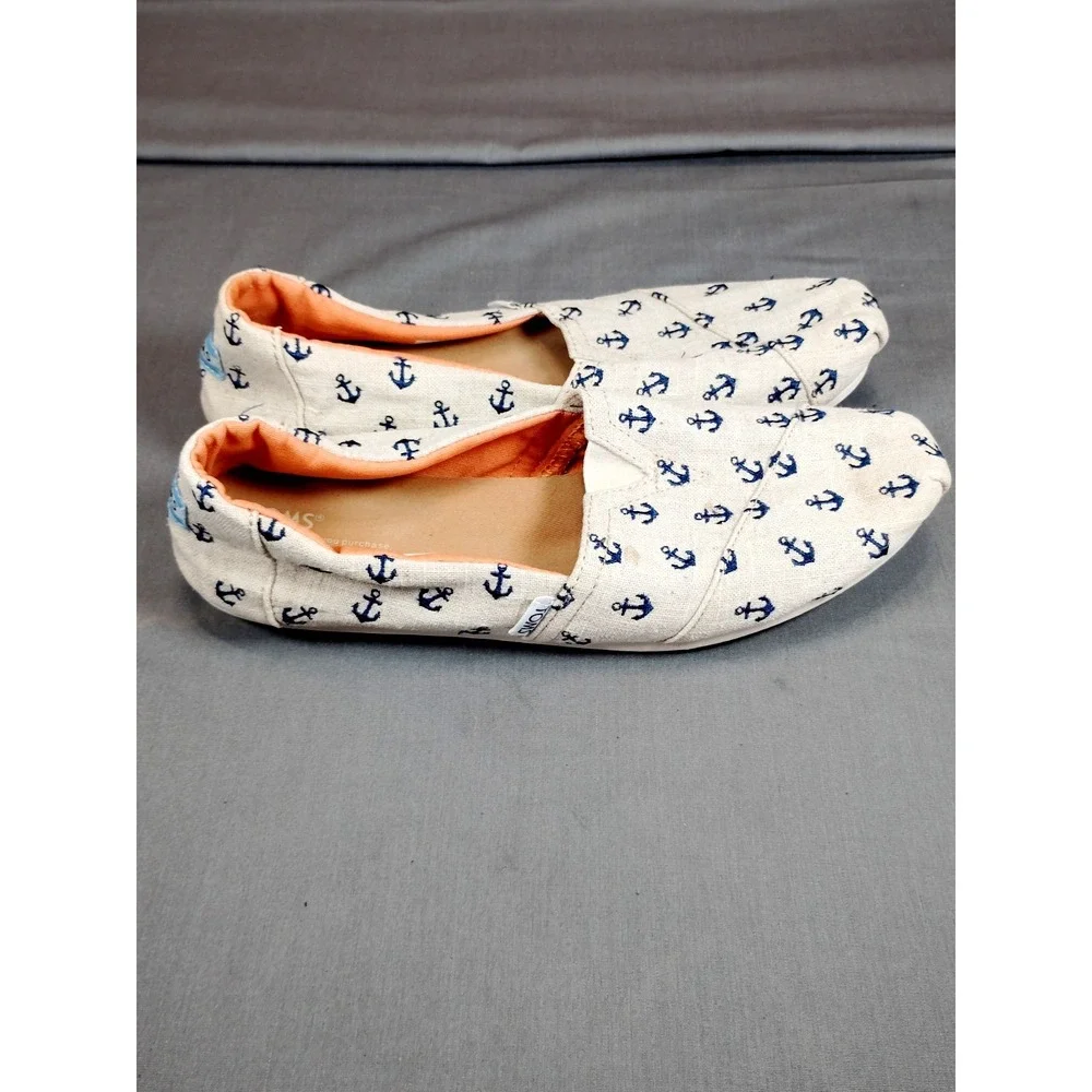 TOMS Shoes Women 11 Anchor Nautical Canvas Casual Slip On Espadrille Flats Beach